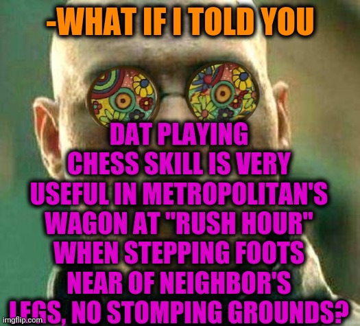 -Have place. | -WHAT IF I TOLD YOU; DAT PLAYING CHESS SKILL IS VERY USEFUL IN METROPOLITAN'S WAGON AT "RUSH HOUR" WHEN STEPPING FOOTS NEAR OF NEIGHBOR'S LEGS, NO STOMPING GROUNDS? | image tagged in acid kicks in morpheus,chess,play on words,metro,strong legs,black guy confused | made w/ Imgflip meme maker