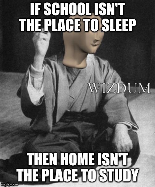 Wizdum Meme man | IF SCHOOL ISN'T THE PLACE TO SLEEP; THEN HOME ISN'T THE PLACE TO STUDY | image tagged in wizdum meme man | made w/ Imgflip meme maker