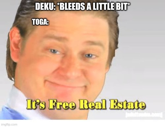 toga simping in a battle like: |  DEKU: *BLEEDS A LITTLE BIT*; TOGA: | image tagged in it's free real estate,mha,deku,funny,anime | made w/ Imgflip meme maker