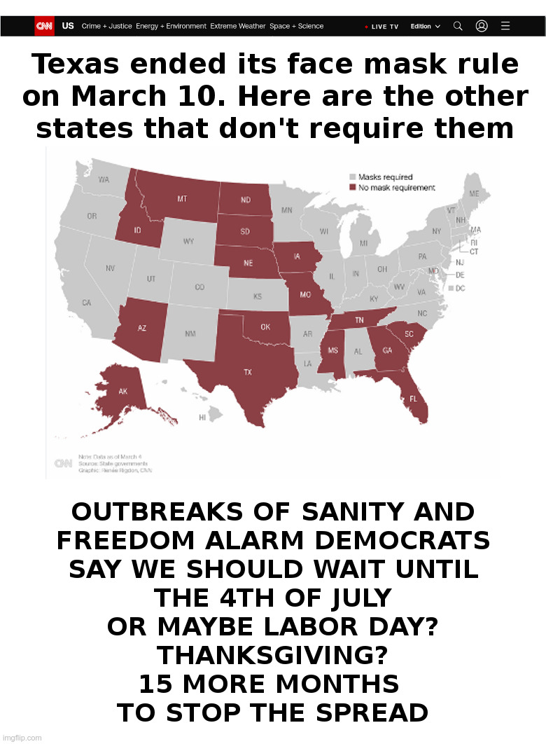 Outbreaks of Sanity and Freedom | image tagged in texas,face mask,sanity,freedom,alarm,democrats | made w/ Imgflip meme maker
