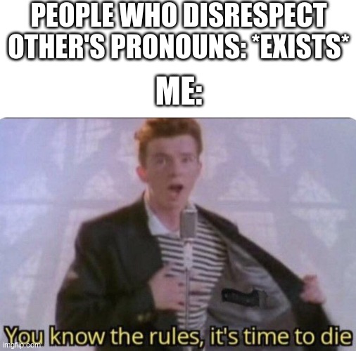rick speaks the truth |  PEOPLE WHO DISRESPECT OTHER'S PRONOUNS: *EXISTS*; ME: | image tagged in you know the rules its time to die,memes,rick astley,funny memes | made w/ Imgflip meme maker