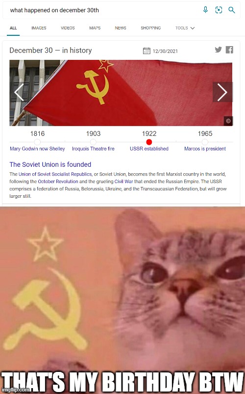 well then | THAT'S MY BIRTHDAY BTW | image tagged in communist cat | made w/ Imgflip meme maker