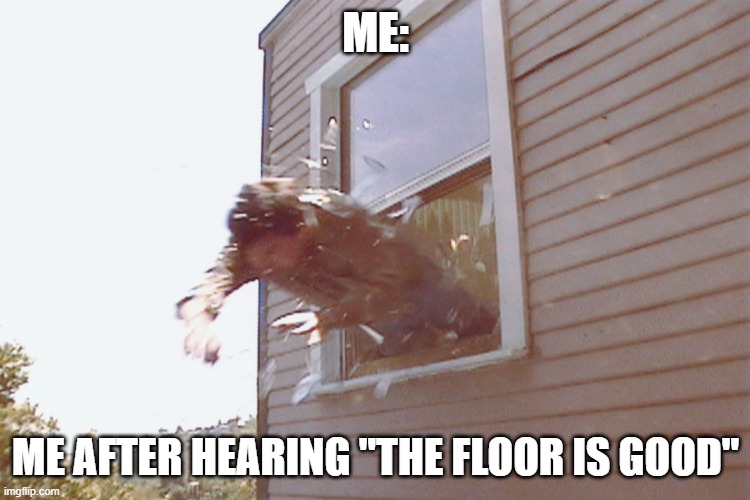 the floor is good (from dank memer | ME:; ME AFTER HEARING "THE FLOOR IS GOOD" | image tagged in jump out a window,the floor is good | made w/ Imgflip meme maker