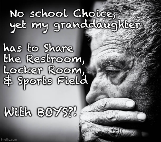 America, no longer.  Dem’s America. | No school Choice, 
yet my granddaughter; has to Share
the Restroom,
Locker Room,
& Sports Field; With BOYS?! | image tagged in woke absurdity,girls,boys,gender,trans rights over basic human rights,memes | made w/ Imgflip meme maker