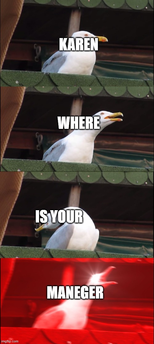 Inhaling Seagull | KAREN; WHERE; IS YOUR; MANEGER | image tagged in memes,inhaling seagull | made w/ Imgflip meme maker