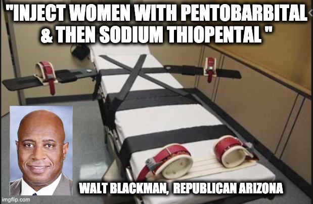 "INJECT WOMEN WITH PENTOBARBITAL & THEN SODIUM THIOPENTAL "; WALT BLACKMAN,  REPUBLICAN ARIZONA | image tagged in memes,fanatical christians,death penalty for women,pro-life terrorism,republican extremism,arizona | made w/ Imgflip meme maker