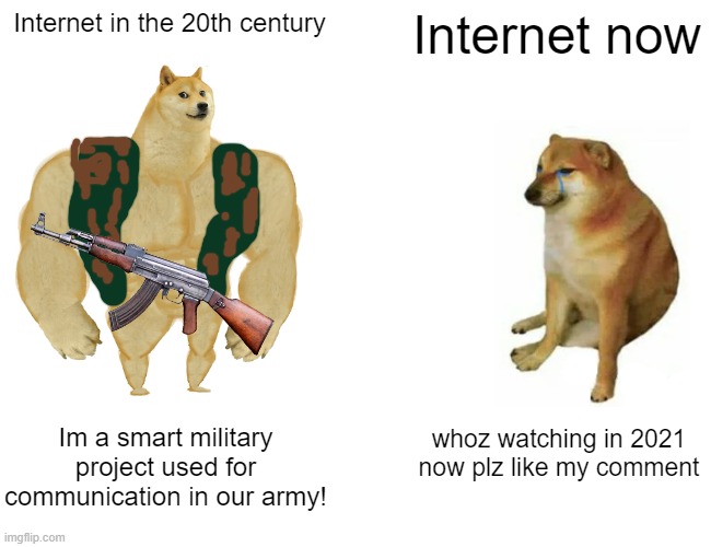 Buff Doge vs. Cheems | Internet in the 20th century; Internet now; Im a smart military project used for communication in our army! whoz watching in 2021 now plz like my comment | image tagged in memes,buff doge vs cheems,military,funny memes,fun fact | made w/ Imgflip meme maker