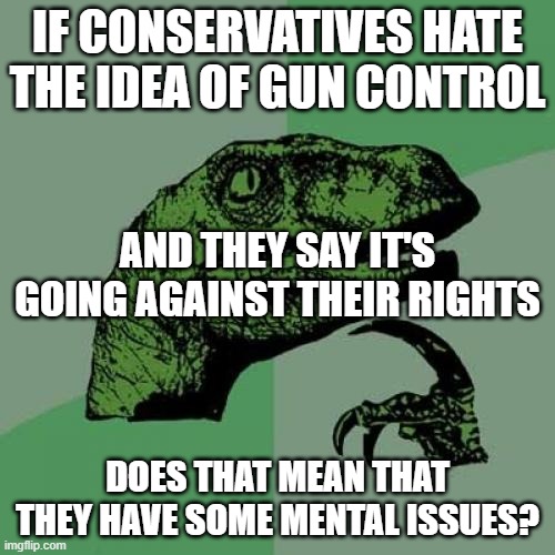 Philosoraptor | IF CONSERVATIVES HATE THE IDEA OF GUN CONTROL; AND THEY SAY IT'S GOING AGAINST THEIR RIGHTS; DOES THAT MEAN THAT THEY HAVE SOME MENTAL ISSUES? | image tagged in memes,philosoraptor | made w/ Imgflip meme maker