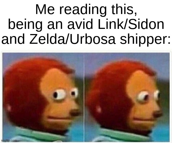 Monkey Puppet Meme | Me reading this, being an avid Link/Sidon and Zelda/Urbosa shipper: | image tagged in memes,monkey puppet | made w/ Imgflip meme maker