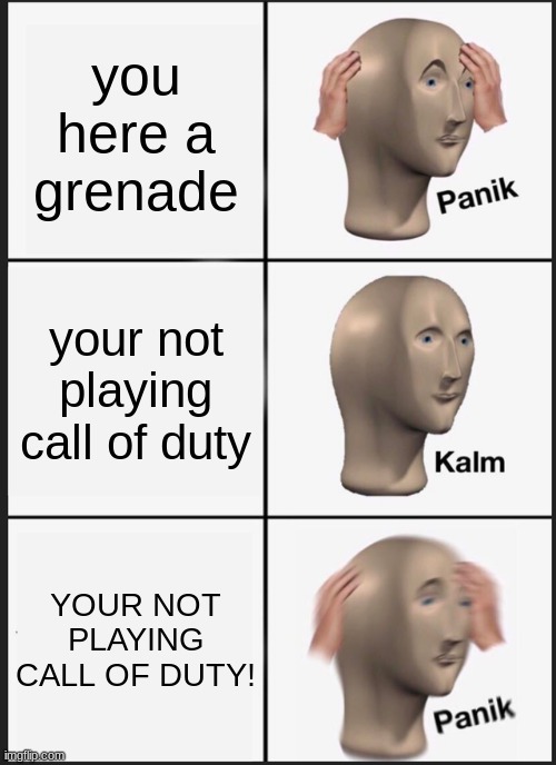 Panik Kalm Panik | you here a grenade; your not playing call of duty; YOUR NOT PLAYING CALL OF DUTY! | image tagged in memes,panik kalm panik | made w/ Imgflip meme maker