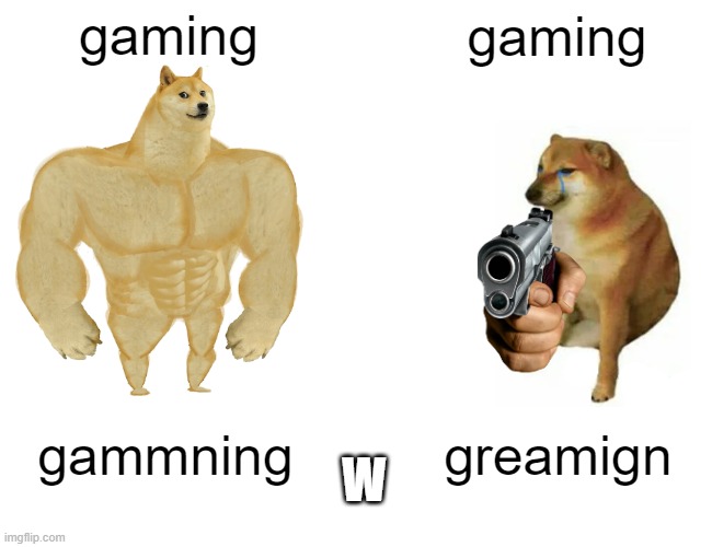 gaming gaming gammning greamign W | image tagged in memes,buff doge vs cheems | made w/ Imgflip meme maker