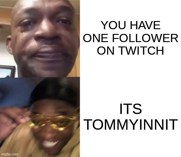 hmmmm | YOU HAVE ONE FOLLOWER ON TWITCH; ITS TOMMYINNIT | image tagged in black guy crying and black guy laughing | made w/ Imgflip meme maker