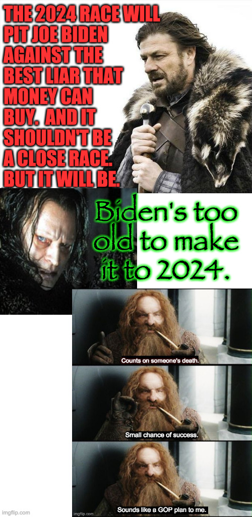 GOP's plan | Biden's too
old to make
it to 2024. | image tagged in brace yourselves x is coming,memes,wormtongue,gimli,biden harris 2024,gop | made w/ Imgflip meme maker