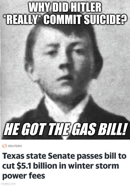 they had us in the first half, not gonna lie | WHY DID HITLER *REALLY* COMMIT SUICIDE? HE GOT THE GAS BILL! | image tagged in young adolf hitler boy,texas,blackout,nazi,dark humor,suicide | made w/ Imgflip meme maker