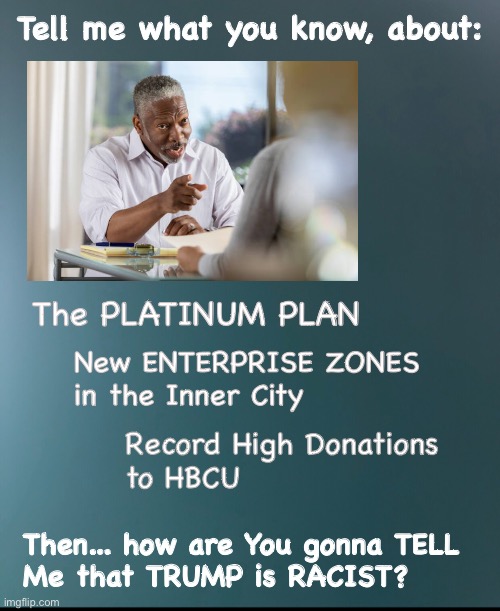 Racist?  Or, AFFIRMING Blacks   ~  neverwoke  ~ | Tell me what you know, about:; The PLATINUM PLAN; New ENTERPRISE ZONES 
in the Inner City; Record High Donations
to HBCU; Then... how are You gonna TELL 
Me that TRUMP is RACIST? | image tagged in racism,pro black,trump,america first,democrats,republicans | made w/ Imgflip meme maker