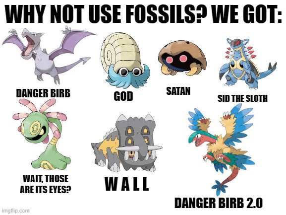 Blank White Template | WHY NOT USE FOSSILS? WE GOT:; DANGER BIRB; SATAN; GOD; SID THE SLOTH; WAIT, THOSE ARE ITS EYES? W A L L; DANGER BIRB 2.0 | image tagged in blank white template,pokemon,fossils | made w/ Imgflip meme maker