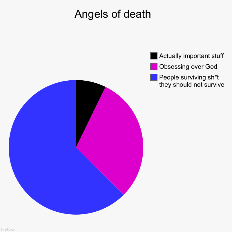 That basically sums it up | Angels of death  | People surviving sh*t they should not survive , Obsessing over God, Actually important stuff | image tagged in charts,pie charts | made w/ Imgflip chart maker