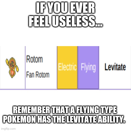 Why would they do this? | IF YOU EVER FEEL USELESS... REMEMBER THAT A FLYING TYPE POKEMON HAS THE LEVITATE ABILITY. | image tagged in memes,blank transparent square | made w/ Imgflip meme maker