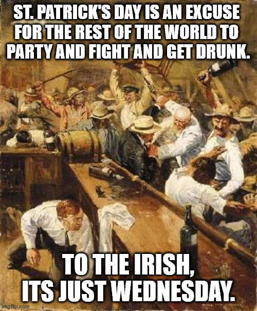 St. Pat's | ST. PATRICK'S DAY IS AN EXCUSE 
FOR THE REST OF THE WORLD TO 
PARTY AND FIGHT AND GET DRUNK. TO THE IRISH, ITS JUST WEDNESDAY. | image tagged in wendsday | made w/ Imgflip meme maker
