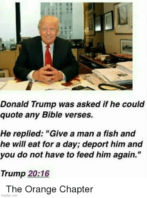 the orange chapter is my favorite, it was a lost book of the bible maga | image tagged in trump 20 16 the orange chapter,maga,the bible,bible,repost,bible verse | made w/ Imgflip meme maker
