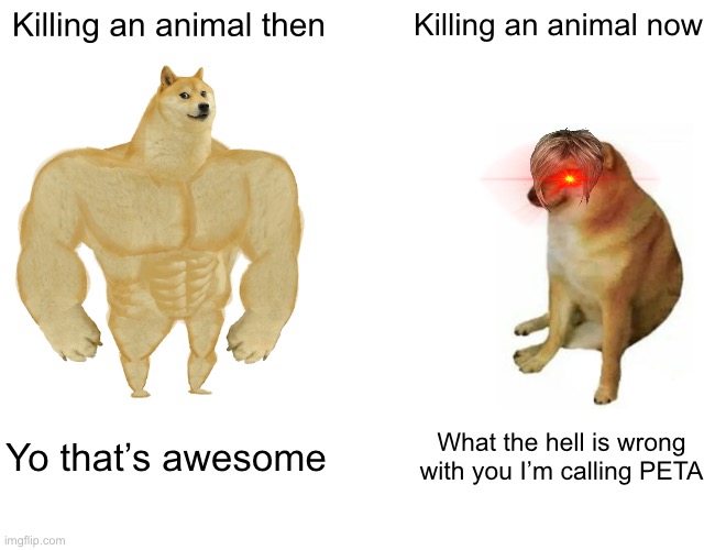 Like tfff | Killing an animal then; Killing an animal now; Yo that’s awesome; What the hell is wrong with you I’m calling PETA | image tagged in memes,buff doge vs cheems | made w/ Imgflip meme maker