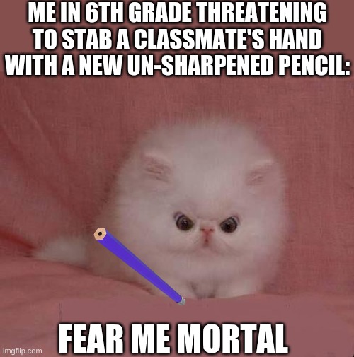 FEAR ME | ME IN 6TH GRADE THREATENING TO STAB A CLASSMATE'S HAND WITH A NEW UN-SHARPENED PENCIL:; FEAR ME MORTAL | image tagged in be afraid,fear me mortal,meme,pencil | made w/ Imgflip meme maker