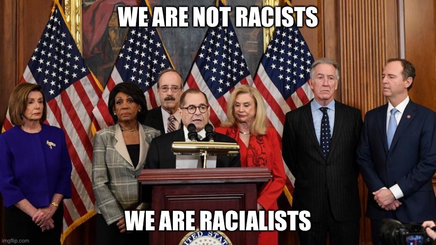 Racialist | WE ARE NOT RACISTS; WE ARE RACIALISTS | image tagged in house democrats | made w/ Imgflip meme maker