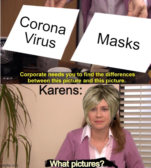 They're The Same Picture Meme | Corona Virus; Masks; Karens:; What pictures? | image tagged in memes,they're the same picture | made w/ Imgflip meme maker