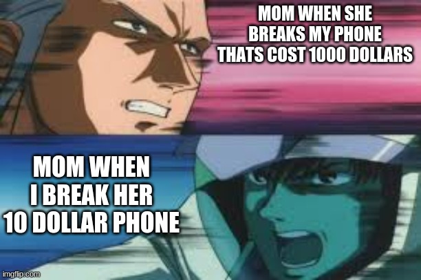 MOM WHEN SHE BREAKS MY PHONE THATS COST 1000 DOLLARS; MOM WHEN I BREAK HER 10 DOLLAR PHONE | image tagged in moms | made w/ Imgflip meme maker