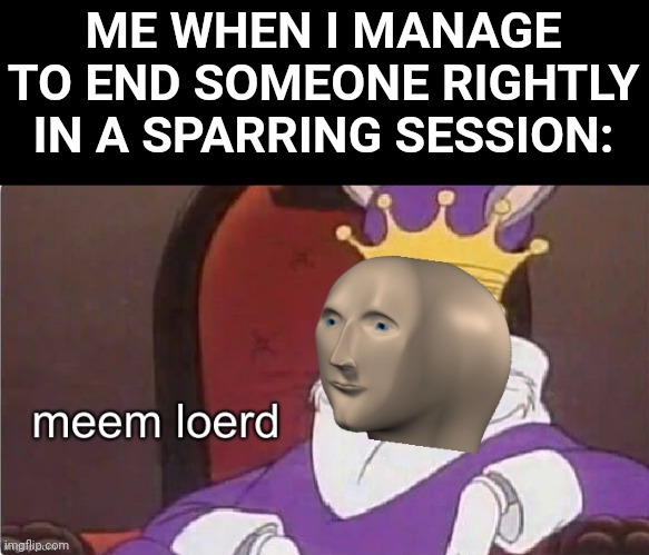 meem loerd | ME WHEN I MANAGE TO END SOMEONE RIGHTLY IN A SPARRING SESSION: | image tagged in meem loerd,pommels,end him rightly,swords | made w/ Imgflip meme maker
