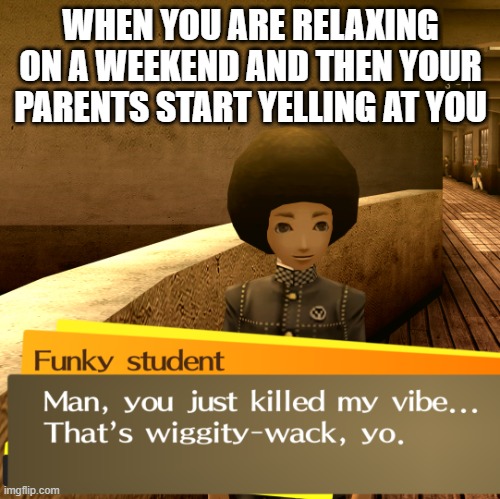 funky student | WHEN YOU ARE RELAXING ON A WEEKEND AND THEN YOUR PARENTS START YELLING AT YOU | image tagged in funky student | made w/ Imgflip meme maker