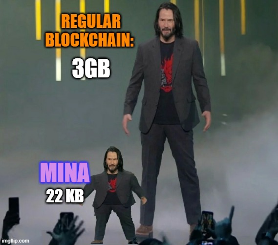 Mina | REGULAR BLOCKCHAIN:; 3GB; MINA; 22 KB | image tagged in mina,mina protocol,blockchain,22kbs | made w/ Imgflip meme maker