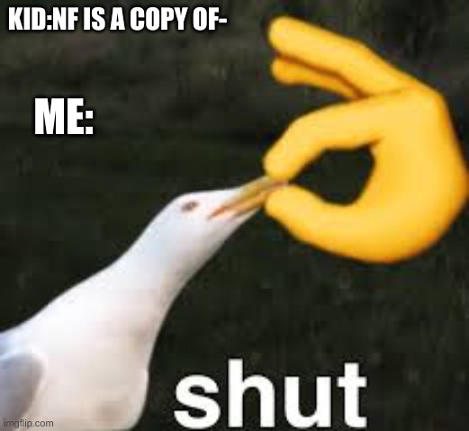 Shut Bird | KID:NF IS A COPY OF-; ME: | image tagged in shut bird,music,memes,nf | made w/ Imgflip meme maker