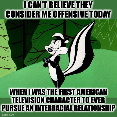 It Ain’t Always So Black and White | I CAN’T BELIEVE THEY CONSIDER ME OFFENSIVE TODAY; WHEN I WAS THE FIRST AMERICAN TELEVISION CHARACTER TO EVER PURSUE AN INTERRACIAL RELATIONSHIP | image tagged in pepe le pew,memes,not funny,so true,interracial couple,new normal | made w/ Imgflip meme maker