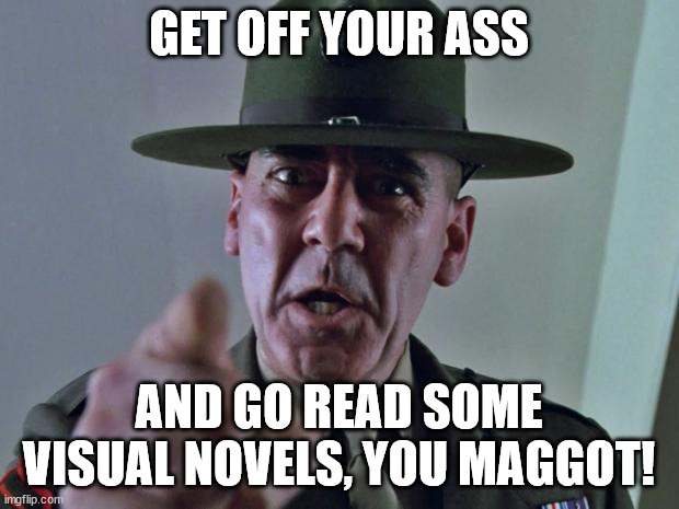 Drill Sergeant | GET OFF YOUR ASS; AND GO READ SOME VISUAL NOVELS, YOU MAGGOT! | image tagged in drill sergeant | made w/ Imgflip meme maker