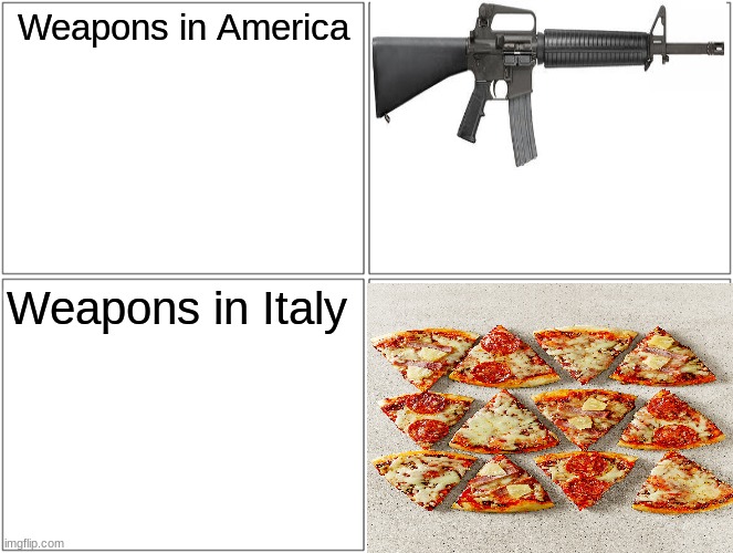 Weapons around the world Part 1. | Weapons in America; Weapons in Italy | image tagged in memes,blank comic panel 2x2 | made w/ Imgflip meme maker