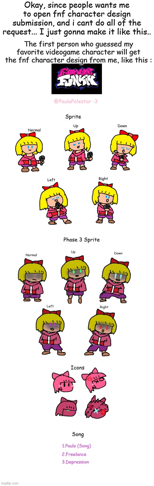 No, its not paula, its not ness | Okay, since people wants me to open fnf character design submission, and i cant do all of the request... I just gonna make it like this.. The first person who guessed my favorite videogame character will get the fnf character design from me, like this : | image tagged in drawings,submissions,friday night funkin | made w/ Imgflip meme maker
