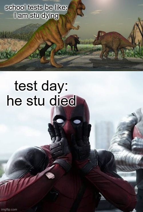 I got this from my friend | school tests be like:
I am stu dying; test day:
he stu died | image tagged in memes,this is fine,deadpool surprised | made w/ Imgflip meme maker