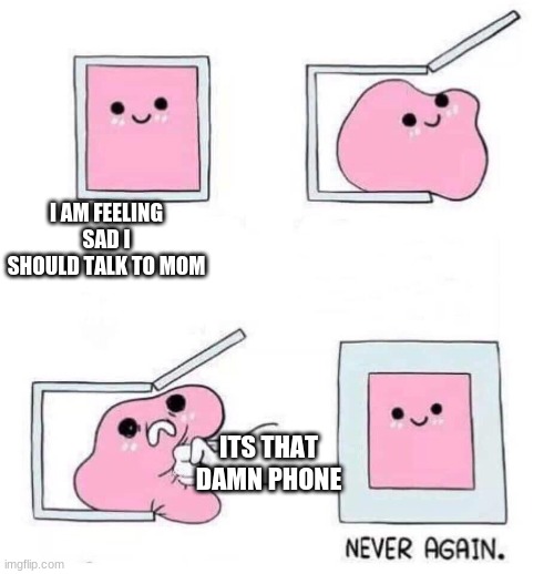 :') | I AM FEELING SAD I SHOULD TALK TO MOM; ITS THAT DAMN PHONE | image tagged in never again | made w/ Imgflip meme maker