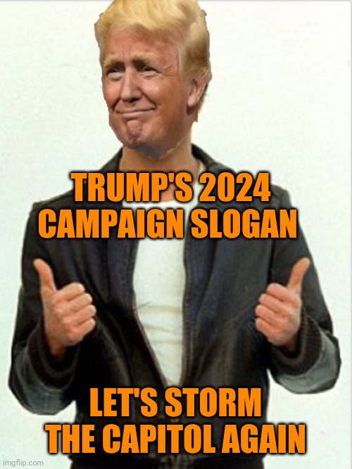 Fonzie Trump | TRUMP'S 2024 CAMPAIGN SLOGAN; LET'S STORM THE CAPITOL AGAIN | image tagged in fonzie trump | made w/ Imgflip meme maker