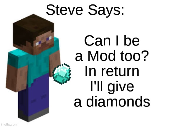 Please... | Steve Says:; Can I be a Mod too? In return I'll give a diamonds | image tagged in minecraft steve,diamonds,pls,moderators | made w/ Imgflip meme maker