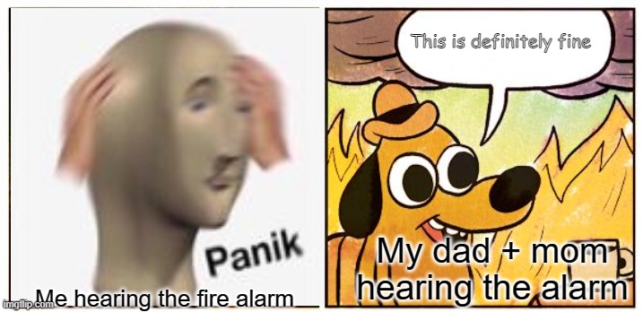 This Is Fine Meme | This is definitely fine; My dad + mom hearing the alarm; Me hearing the fire alarm | image tagged in memes,this is fine | made w/ Imgflip meme maker