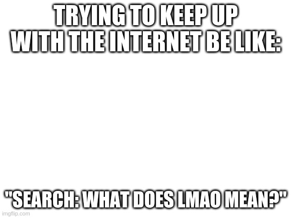 I tried to keep up with the internet... lol | TRYING TO KEEP UP WITH THE INTERNET BE LIKE:; "SEARCH: WHAT DOES LMAO MEAN?" | image tagged in blank white template | made w/ Imgflip meme maker