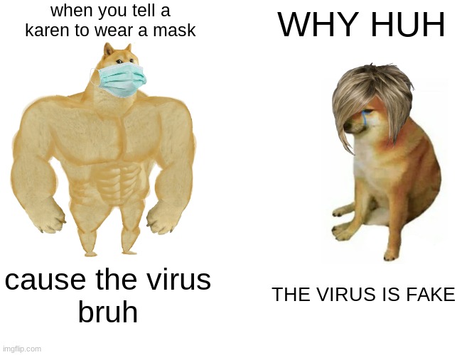 Buff Doge vs. Cheems | when you tell a karen to wear a mask; WHY HUH; cause the virus

bruh; THE VIRUS IS FAKE | image tagged in memes,buff doge vs cheems | made w/ Imgflip meme maker