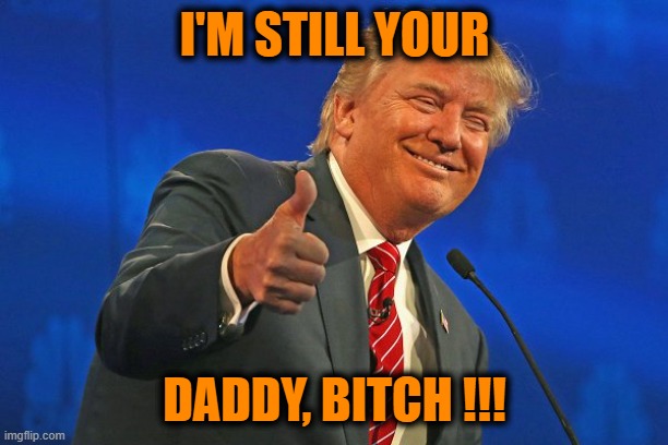 Trump winning smarmy grinning | I'M STILL YOUR DADDY, BITCH !!! | image tagged in trump winning smarmy grinning | made w/ Imgflip meme maker