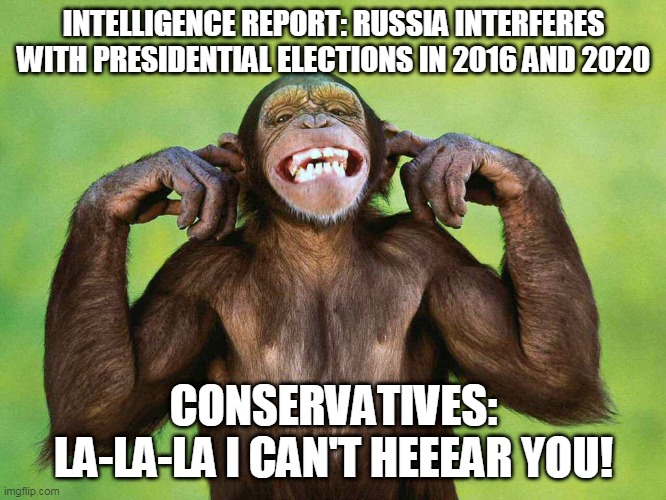 monkey with fingers in ears | INTELLIGENCE REPORT: RUSSIA INTERFERES WITH PRESIDENTIAL ELECTIONS IN 2016 AND 2020; CONSERVATIVES: LA-LA-LA I CAN'T HEEEAR YOU! | image tagged in monkey with fingers in ears | made w/ Imgflip meme maker