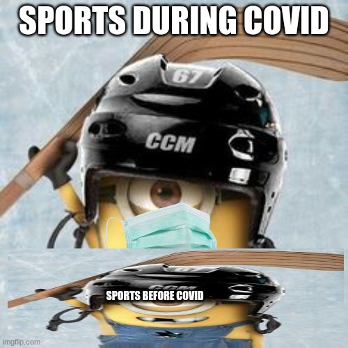 Hockey Minion | SPORTS DURING COVID; SPORTS BEFORE COVID | image tagged in hockey minion | made w/ Imgflip meme maker