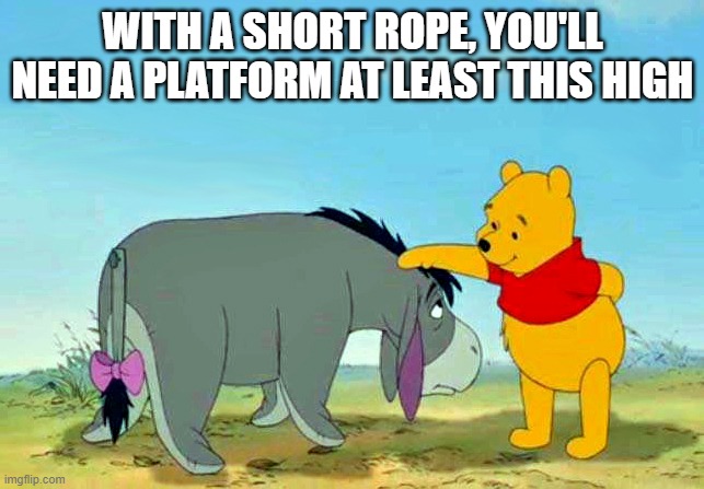 Eeyore's looking for a short rope and something to stand on... | WITH A SHORT ROPE, YOU'LL NEED A PLATFORM AT LEAST THIS HIGH | image tagged in pooh eeyore | made w/ Imgflip meme maker