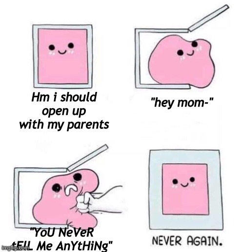 Never again | Hm i should open up with my parents; "hey mom-"; "YoU NeVeR tElL Me AnYtHiNg" | image tagged in never again | made w/ Imgflip meme maker