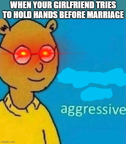no need to get aggressive | WHEN YOUR GIRLFRIEND TRIES TO HOLD HANDS BEFORE MARRIAGE | image tagged in no need to get aggressive,i'm 15 so don't try it,who reads these | made w/ Imgflip meme maker
